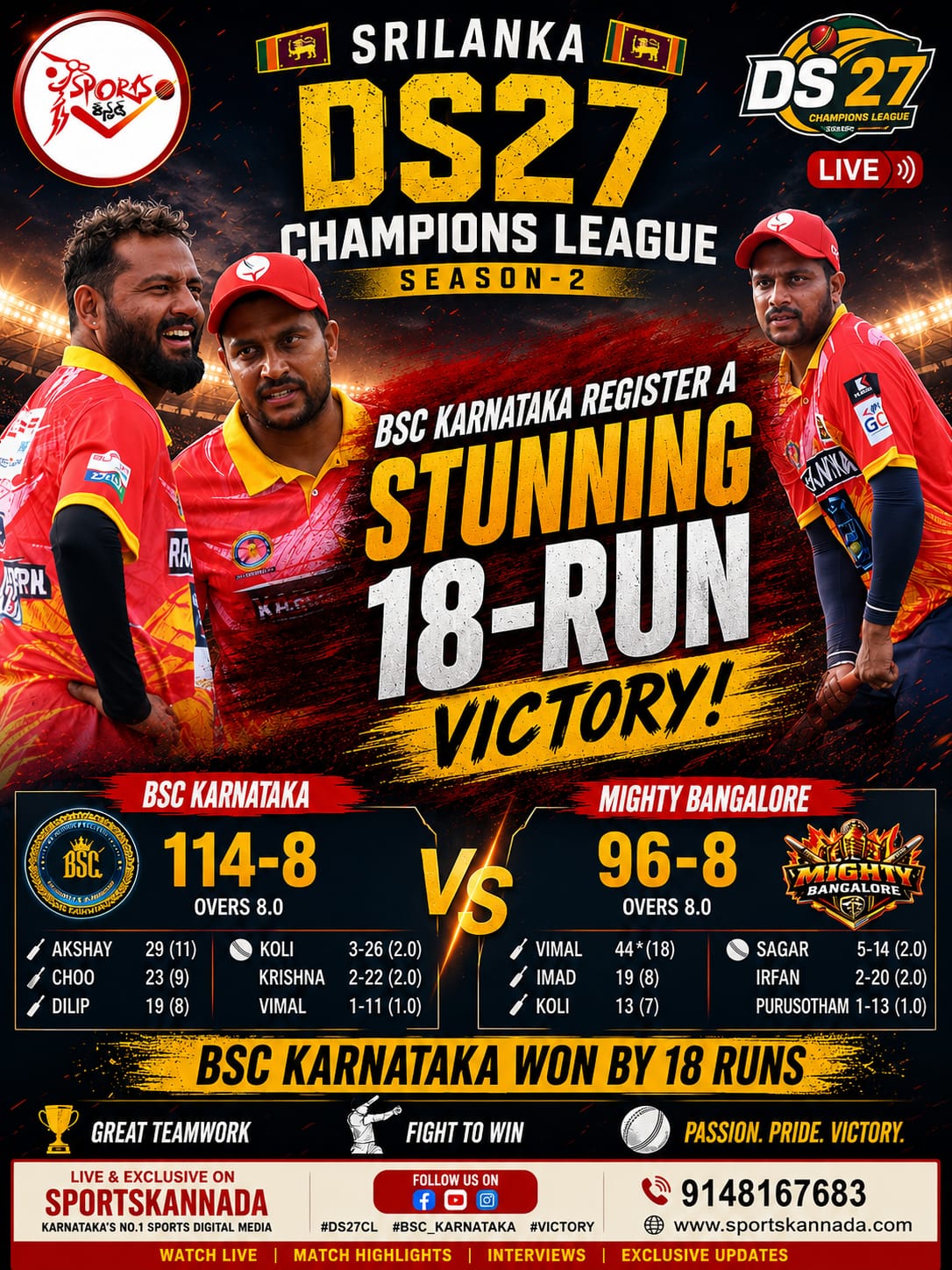 ಶ್ರೀಲಂಕಾ DS27 Champions League Season-2: BSC ಕರ್ನಾಟಕಕ್ಕೆ ಭರ್ಜರಿ 18 ರನ್‌ಗಳ ಜಯ!